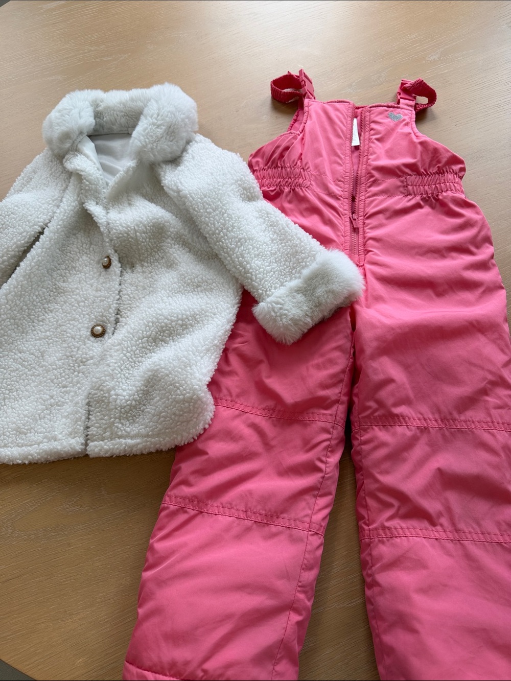 Girls Pink Snow Bib Overalls + Cream Sherpa Coat Set